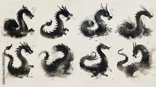 A collection of Chinese dragon modern brushstrokes. Japanese watercolor tribal tattoo oriental calligraphy kit. Abstract snake silhouette stains, vintage zodiac traditional painting collection. photo