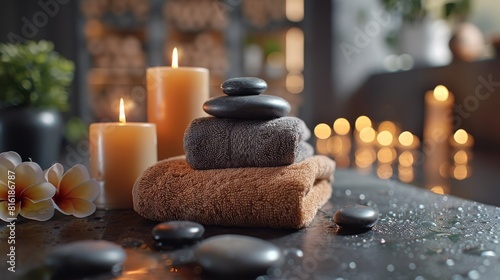 An image of spa stones with candles and towels on a wooden background