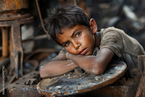 Young Boy Sitting on Wheel in Factory photo