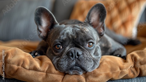 An adorable french bulldog lies on a soft dog bed in the interior of a home