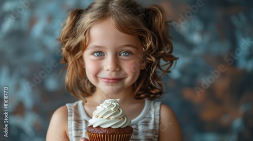 Blue background with a child holding a sweet cupcake with whipped cream
