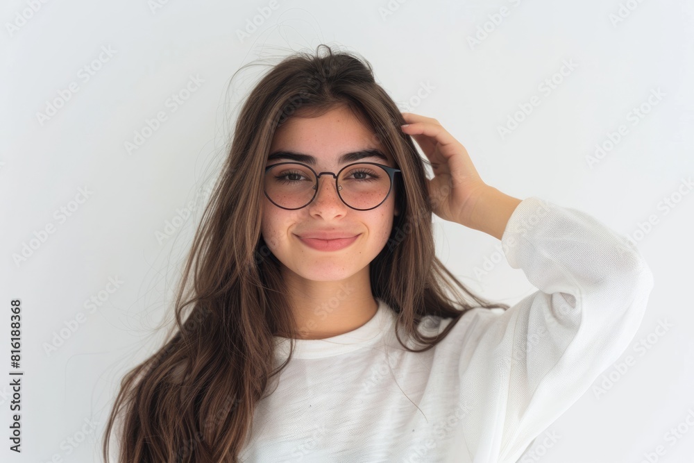 Glasses Person. Young Hispanic Woman Wearing Glasses and Smiling in Studio Portrait