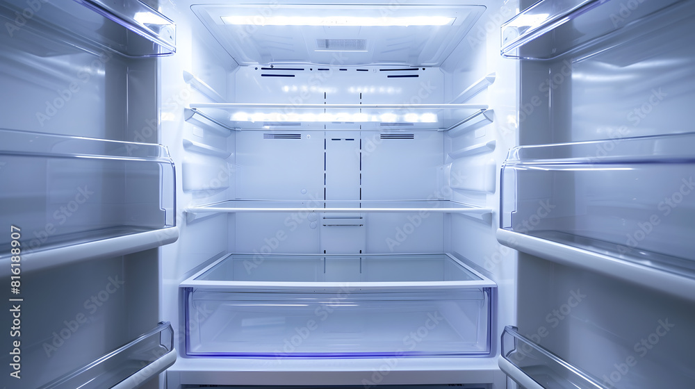An empty refrigerator Inside an empty clean refrigerator a refrigerator compartment after defrosting shot with a wide angle lens : Generative AI An empty refrigerator Inside an empty clean refrigerator a refrigerator compartment after defrosting shot with a wide angle lens : Generative AI