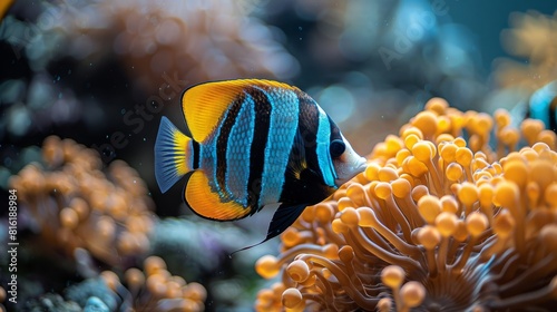 A blue aquarium with corals and moorish idol fish photo