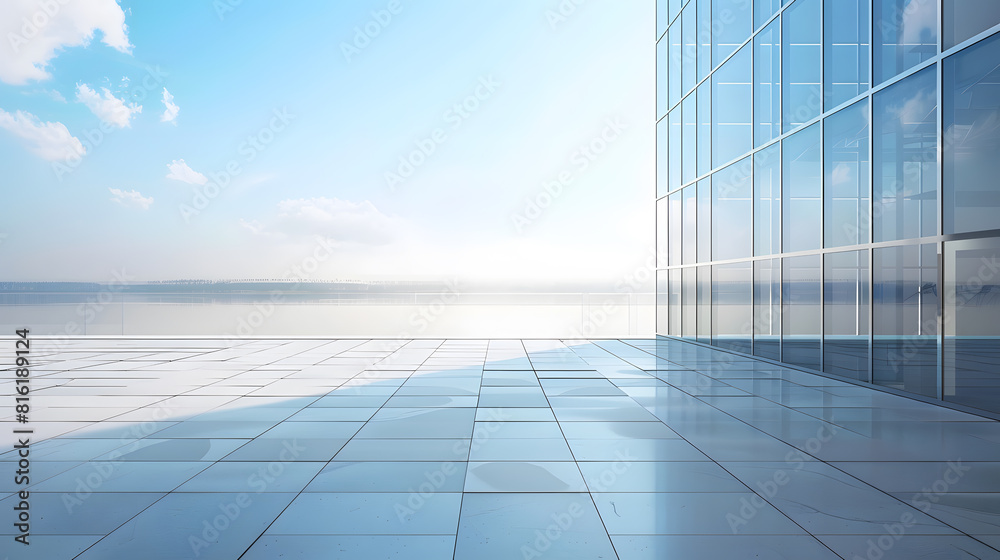 Empty square floor and glass wall building with lake under blue sky : Generative AI Empty square floor and glass wall building with lake under blue sky : Generative AI