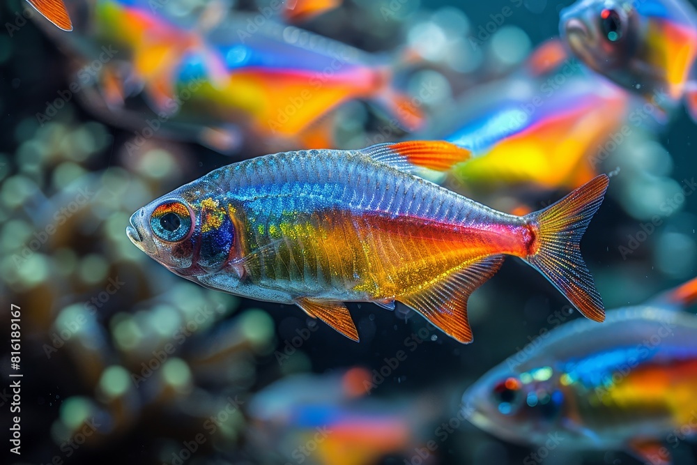 Fototapeta premium School of Neon Tetras with glowing bodies, perfect for freshwater aquarium themes.