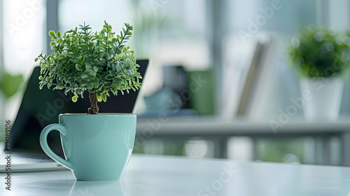 Close up view of simple workspace with laptop notebooks coffee cup and tree pot on white table with blurred office room background : Generative AI