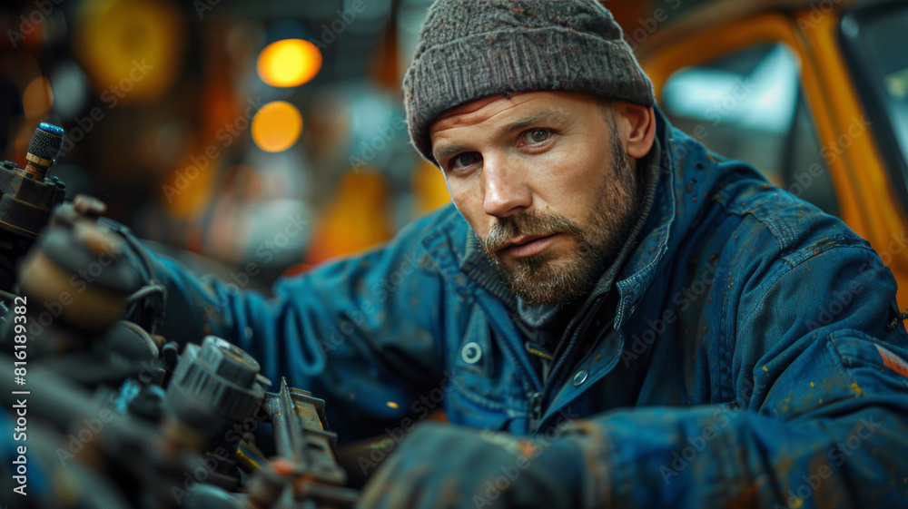 Obraz premium a mechanic in a dark blue jumpsuit changing a cars breaks,generative ai