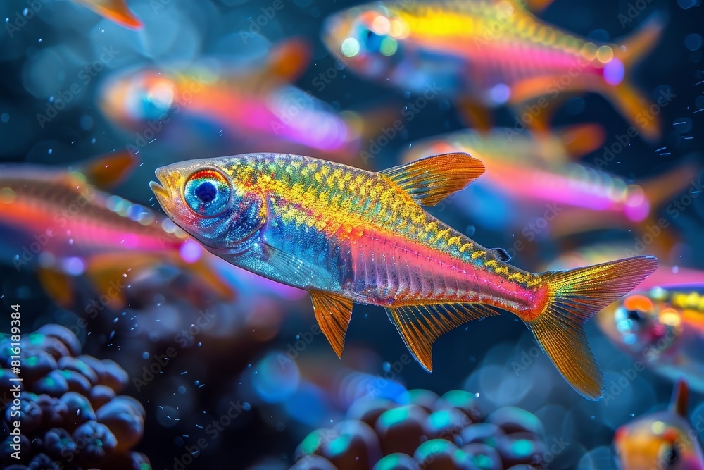 School of Neon Tetras with glowing bodies, perfect for freshwater aquarium themes. School of Neon Tetras with glowing bodies, perfect for freshwater aquarium themes.