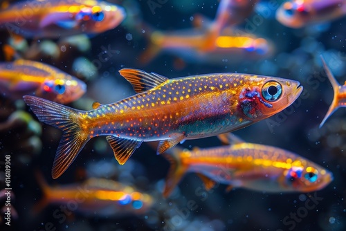 School of Neon Tetras with glowing bodies, perfect for freshwater aquarium themes.
