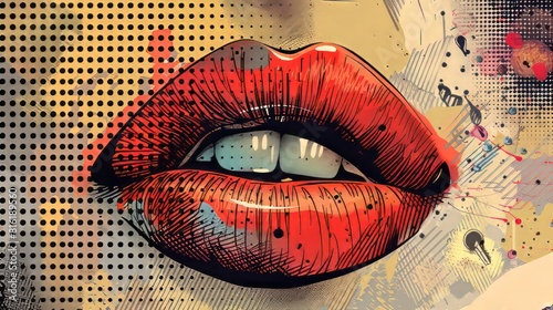 Woman lips and eyes as retro halftone collage elements with girly doodles for mixed media design. Cutout magazine shapes, girl faces in dotted pop art style. Vector illustration, grunge punk crazy art photo