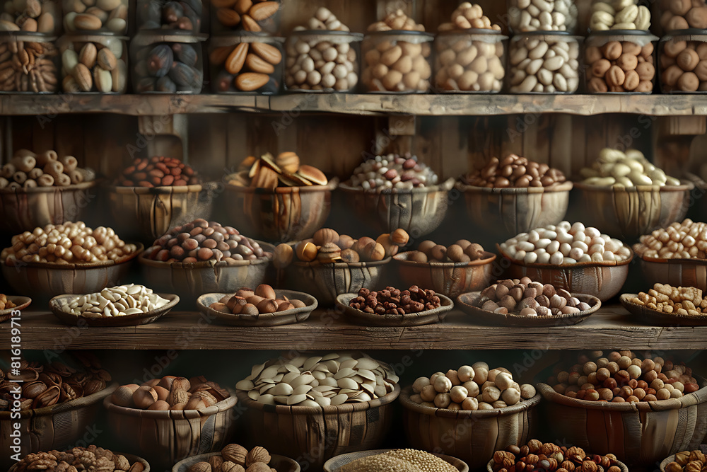 Assorted variety of nuts arranged in a captivating display, showcasing textures, shapes, and flavors Assorted variety of nuts arranged in a captivating display, showcasing textures, shapes, and flavors