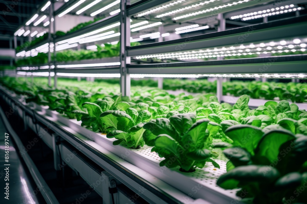 Modern indoor hydroponic farm with rows of lettuce plants growing under artificial lights Modern indoor hydroponic farm with rows of lettuce plants growing under artificial lights