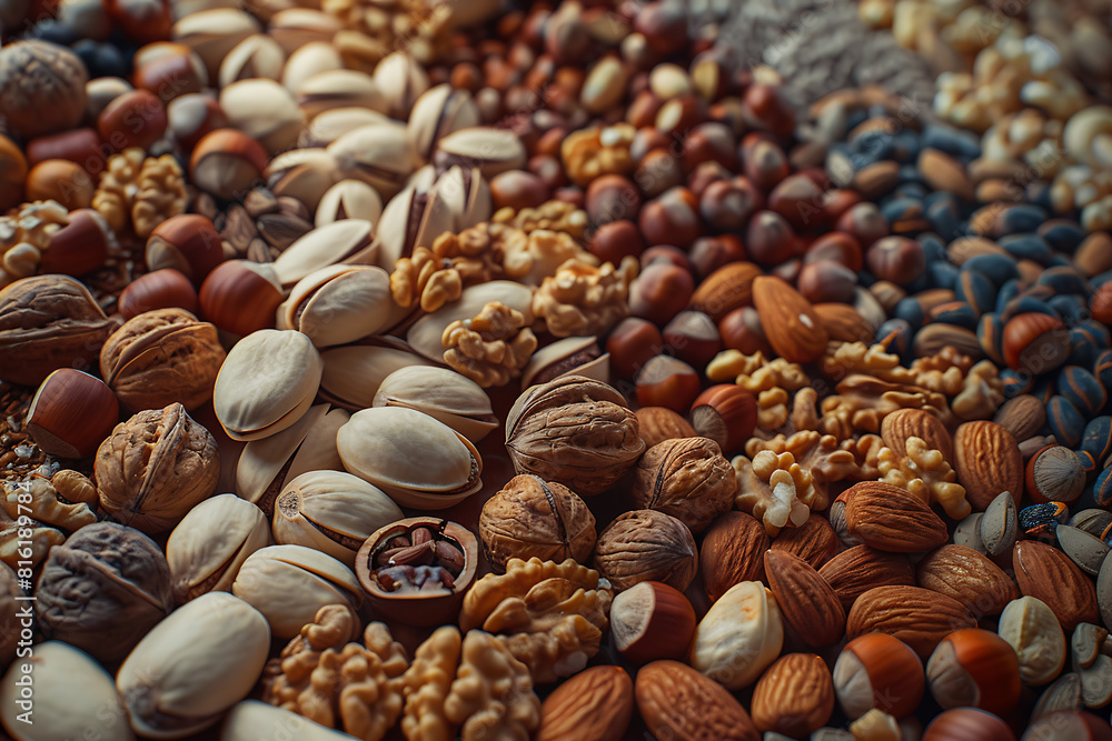 Assorted variety of nuts arranged in a captivating display, showcasing textures, shapes, and flavors Assorted variety of nuts arranged in a captivating display, showcasing textures, shapes, and flavors