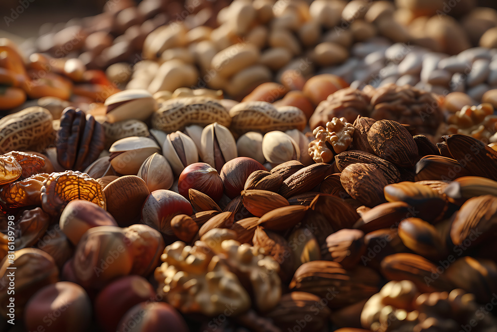 Assorted variety of nuts arranged in a captivating display, showcasing textures, shapes, and flavors Assorted variety of nuts arranged in a captivating display, showcasing textures, shapes, and flavors