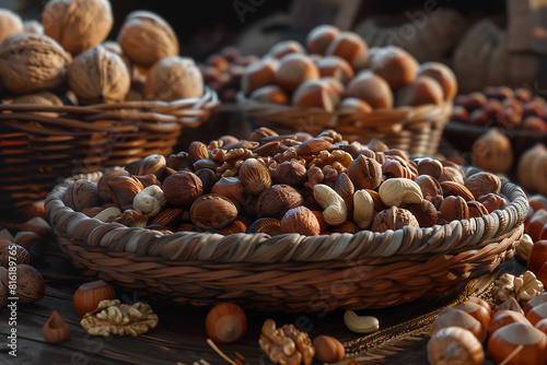 Assorted variety of nuts arranged in a captivating display, showcasing textures, shapes, and flavors