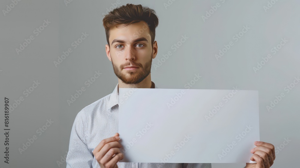 Handsome caucasian man holding a blank placard sign poster paper in his hands. empty space for editing and ads Handsome caucasian man holding a blank placard sign poster paper in his hands. empty space for editing and ads
