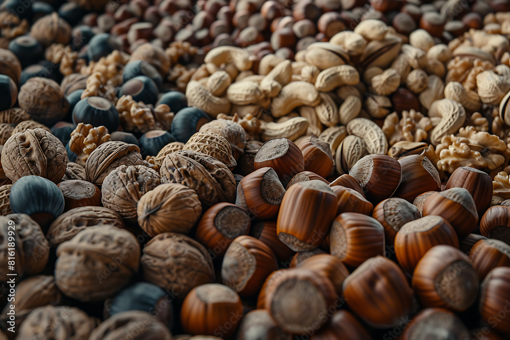 Assorted variety of nuts arranged in a captivating display, showcasing textures, shapes, and flavors