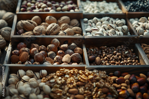 Assorted variety of nuts arranged in a captivating display  showcasing textures  shapes  and flavors