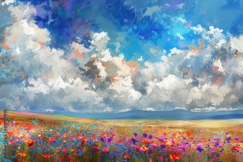 Artistic Landscape Painting of Beautiful Blooming Flowers under Colourful Clouds