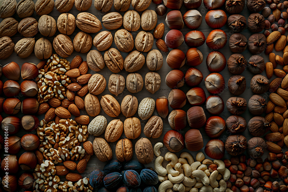 Assorted variety of nuts arranged in a captivating display, showcasing textures, shapes, and flavors Assorted variety of nuts arranged in a captivating display, showcasing textures, shapes, and flavors