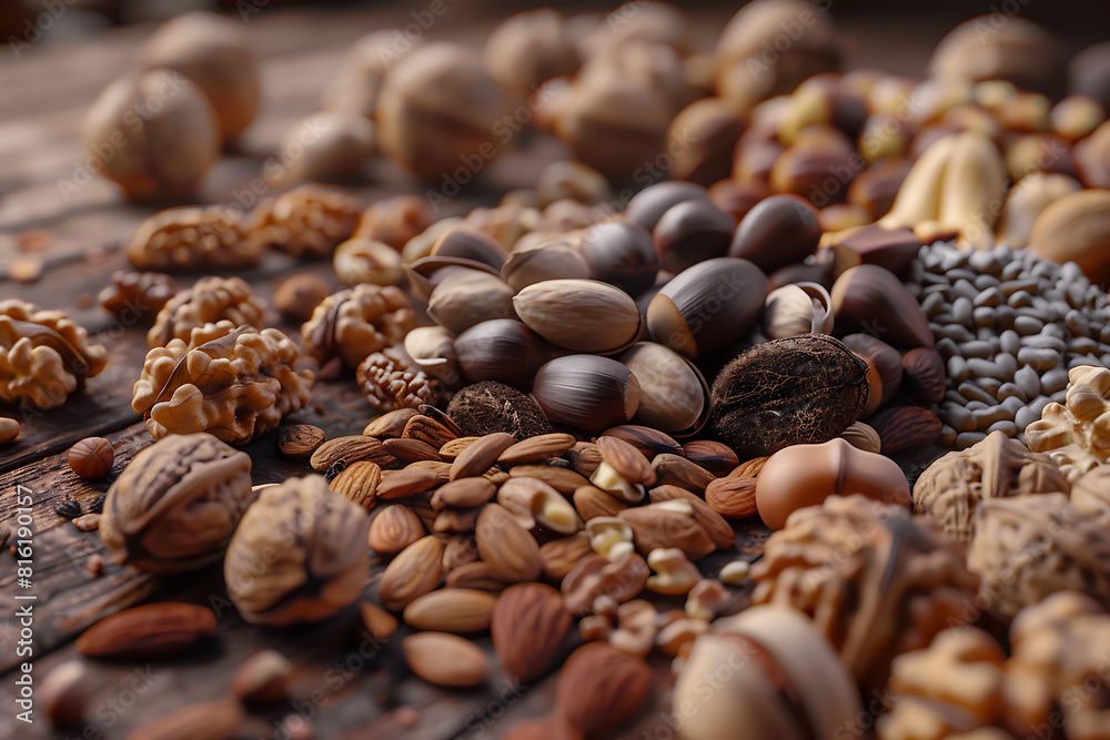 Assorted variety of nuts arranged in a captivating display, showcasing textures, shapes, and flavors Assorted variety of nuts arranged in a captivating display, showcasing textures, shapes, and flavors