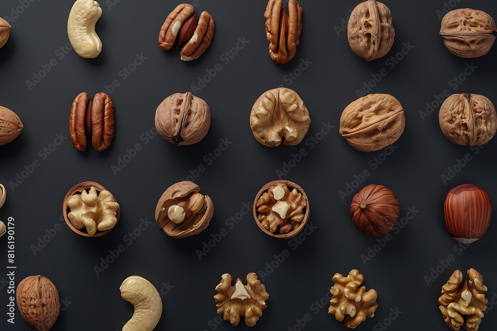 Assorted variety of nuts arranged in a captivating display, showcasing textures, shapes, and flavors Assorted variety of nuts arranged in a captivating display, showcasing textures, shapes, and flavors