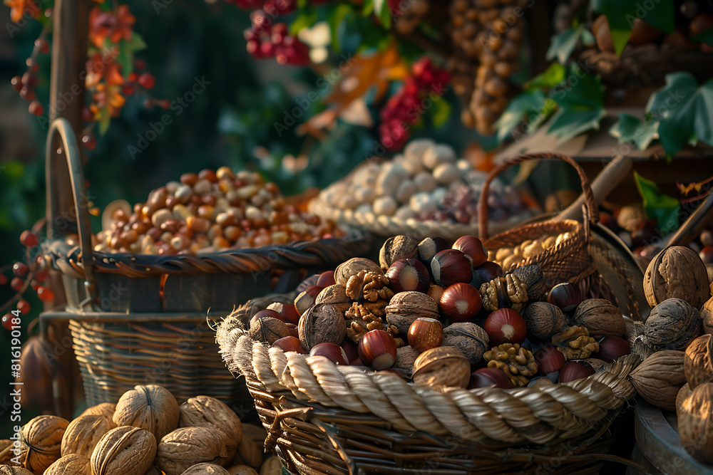 Assorted variety of nuts arranged in a captivating display, showcasing textures, shapes, and flavors Assorted variety of nuts arranged in a captivating display, showcasing textures, shapes, and flavors