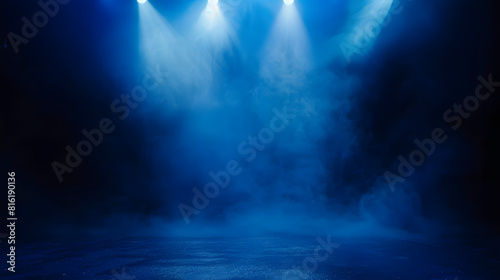 The dark stage shows empty dark blue scene background neon light and spotlights The asphalt floor and studio room with smoke float up the interior texture for display products : Generative AI