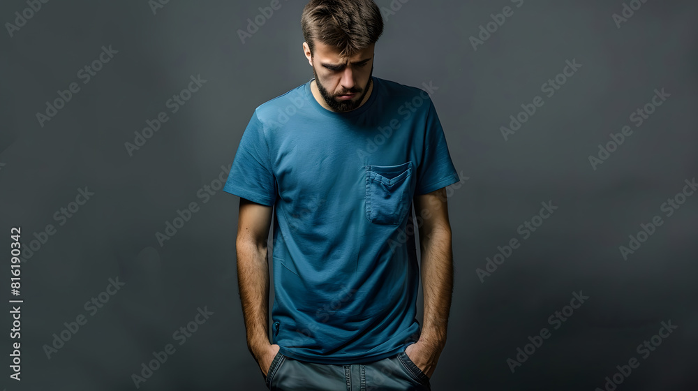 Portrait of sad poor attractive unshaven man wearing blue T shirt standing showing his empty pockets has no money lost his job Indoor studio shot isolated on gray background : Generative AI Portrait of sad poor attractive unshaven man wearing blue T shirt standing showing his empty pockets has no money lost his job Indoor studio shot isolated on gray background : Generative AI