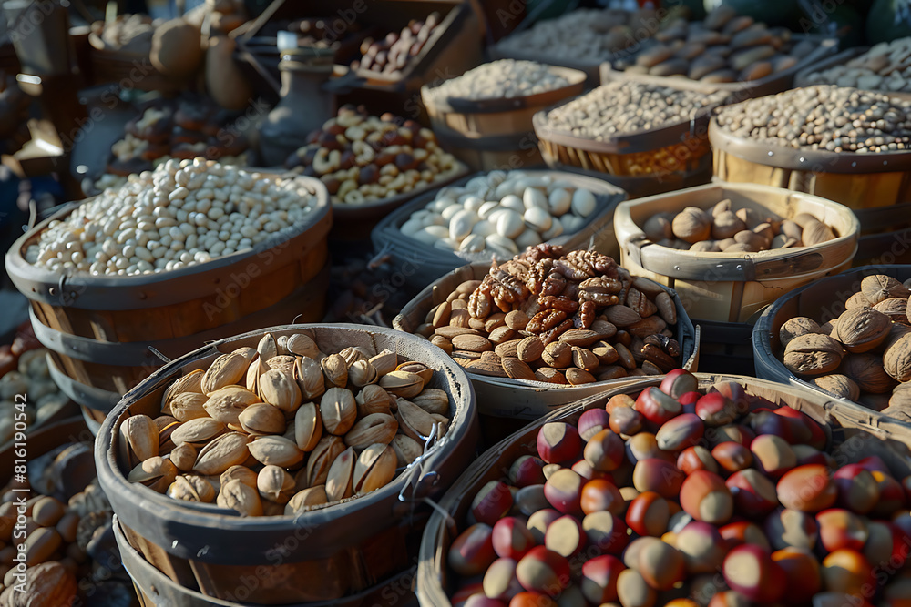 Assorted variety of nuts arranged in a captivating display, showcasing textures, shapes, and flavors
