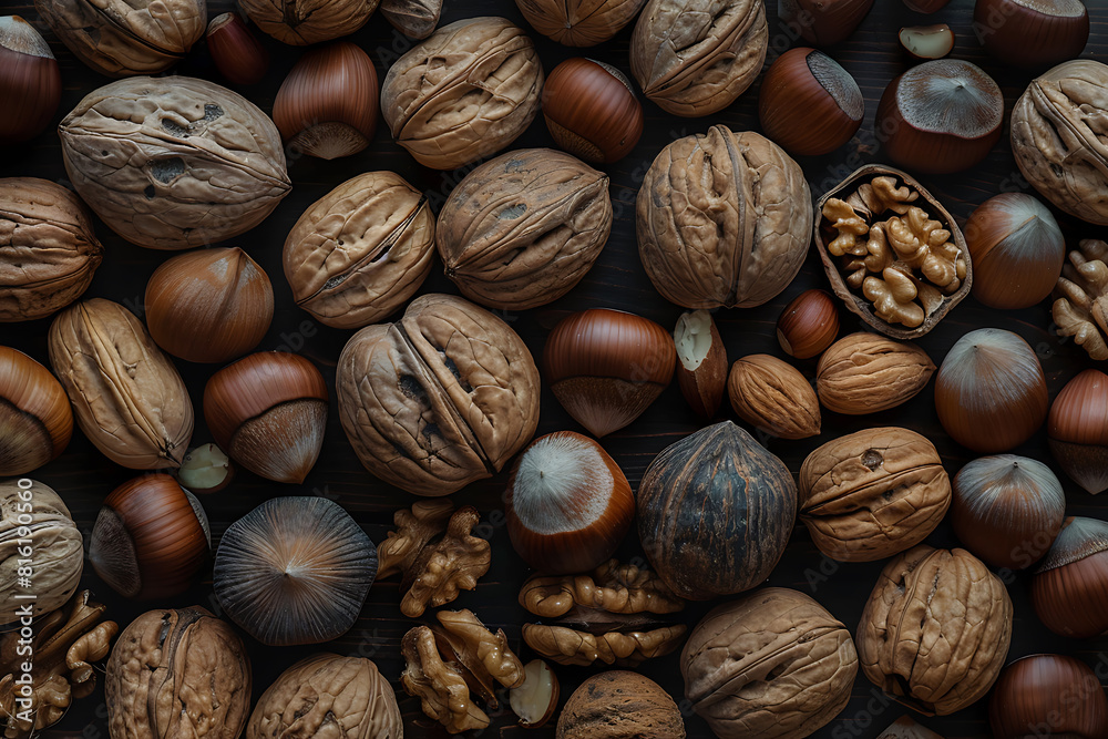 Assorted variety of nuts arranged in a captivating display, showcasing textures, shapes, and flavors Assorted variety of nuts arranged in a captivating display, showcasing textures, shapes, and flavors