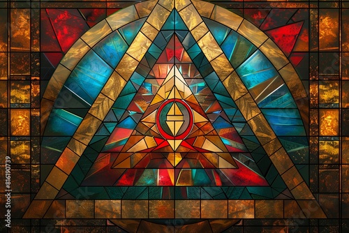 A stained glass window with a triangle and a red circle in the middle