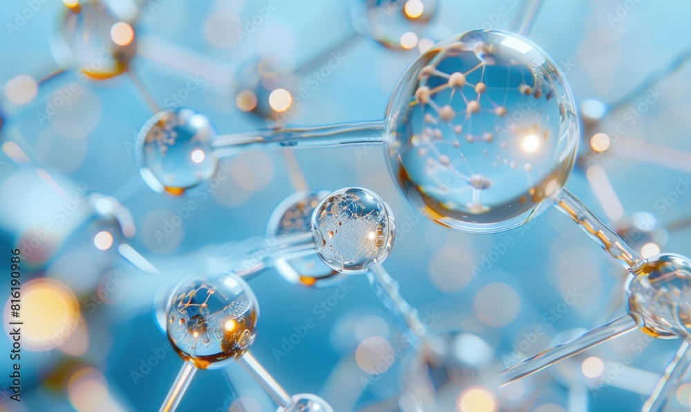 A closeup macro shot of a molecular structure made out of glass spheres A closeup macro shot of a molecular structure made out of glass spheres