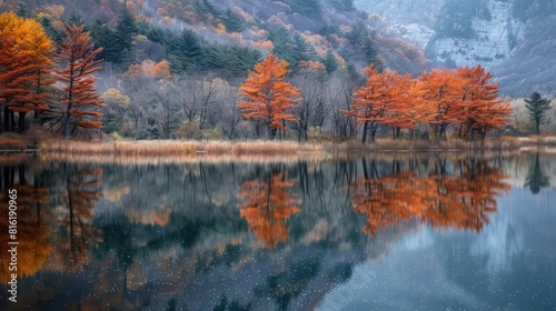 Autumn colors reflecting in a serene mountain lake