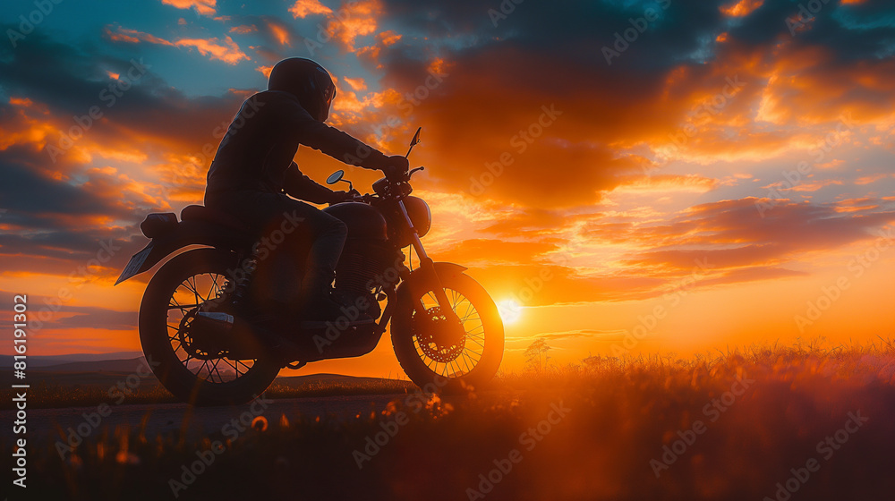 Fototapeta premium A silhouette of a biker against a stunning sunset, the outline of the bike and rider clearly defined against the colorful sky. Dynamic and dramatic composition, with copy space