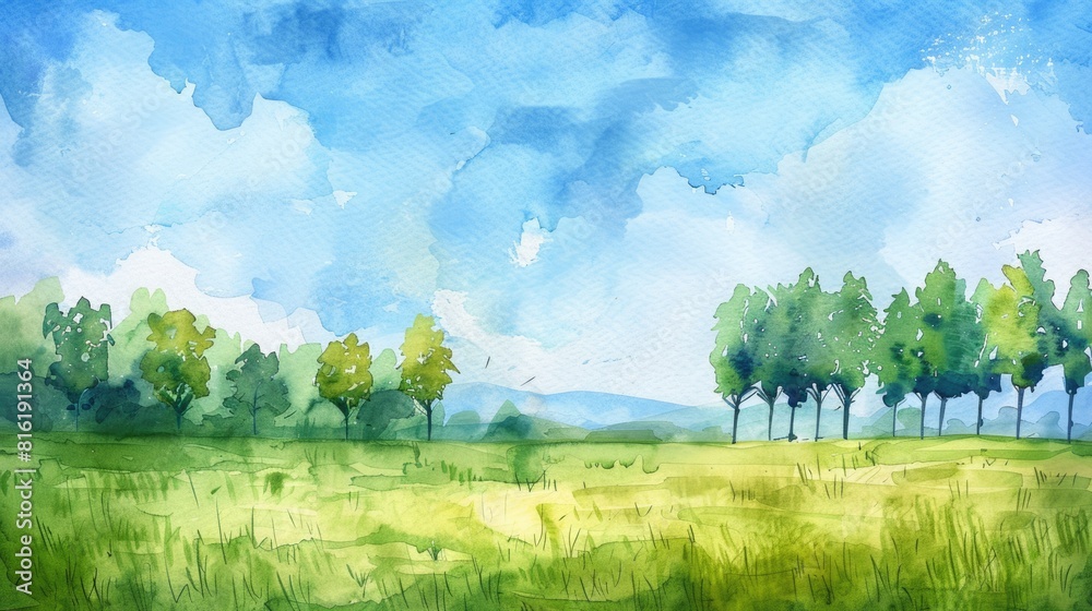 Trees Field Landscape. Watercolor painting of summery countryside with blue sky Trees Field Landscape. Watercolor painting of summery countryside with blue sky