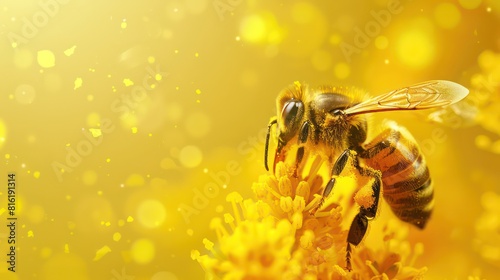 Bee with transparent wings collecting flower pollen against a bright yellow background, copy blank space © Ibad