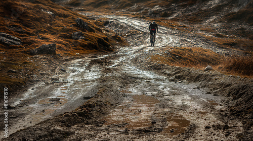 A biker trudging uphill on a muddy trail, the struggle and determination evident in their posture and the rugged landscape. Dynamic and dramatic composition, with copy space