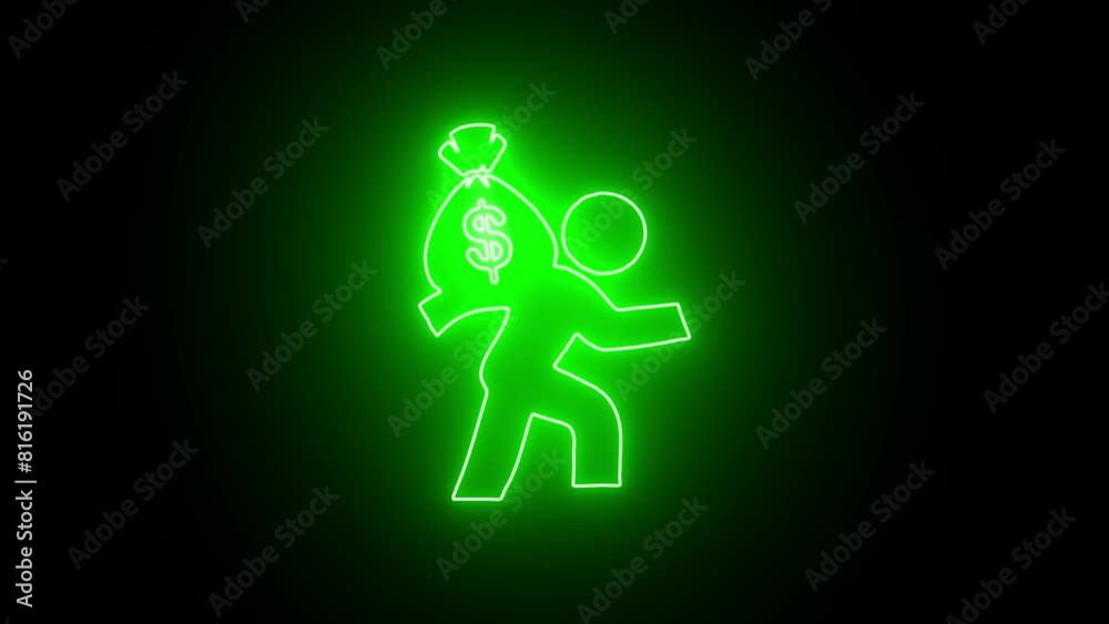 Glowing Neon Money Bag Thief Icon - Animated Linear Symbol, Isolated on Black, 4K Ultra HD Motion Graphic Animation Glowing Neon Money Bag Thief Icon - Animated Linear Symbol, Isolated on Black, 4K Ultra HD Motion Graphic Animation