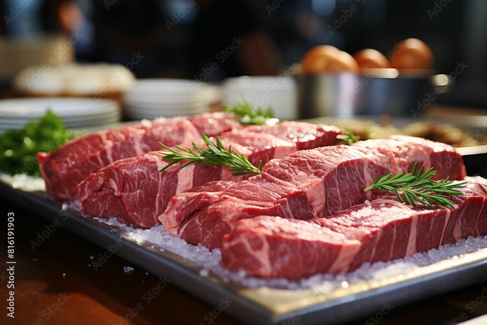 Raw beef sirloin sliced on a metal tray with rosemary Raw beef sirloin sliced on a metal tray with rosemary