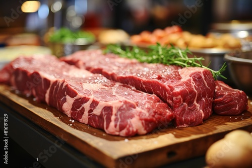 Fresh raw beef steak on cutting board in restaurant, close up view