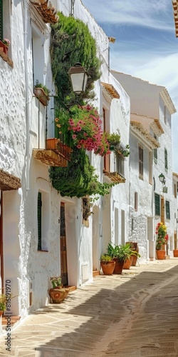 Houses Street in Binibeca Vell  Balearic Islands  Spain. White-Painted Town Houses in Sunny Day