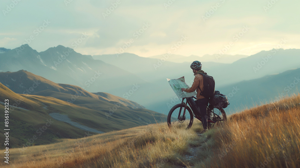 A biker stopping to check a map at a trail fork, the mountains in the distance framing the decision point. Dynamic and dramatic composition, with copy space A biker stopping to check a map at a trail fork, the mountains in the distance framing the decision point. Dynamic and dramatic composition, with copy space