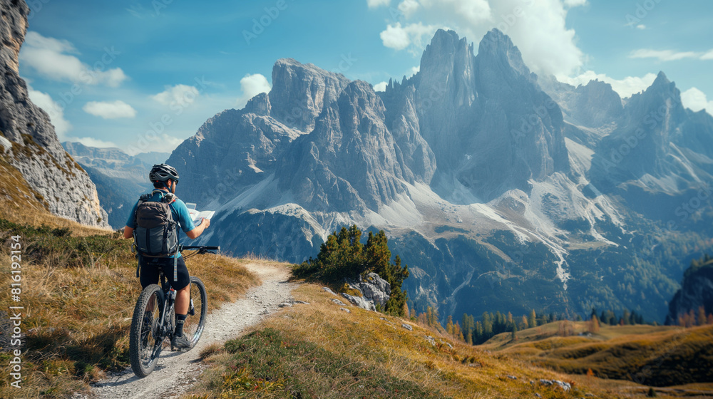 A biker stopping to check a map at a trail fork, the mountains in the distance framing the decision point. Dynamic and dramatic composition, with copy space