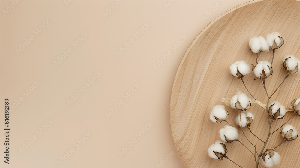 Blank paper cards Mockup with a cotton flower on a wooden plate beige background Minimal beige workplace composition flat lay mockup : Generative AI