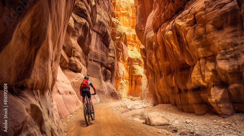 A biker maneuvering through a narrow canyon, the towering rock walls creating a dramatic, imposing scene. Dynamic and dramatic composition, with copy space