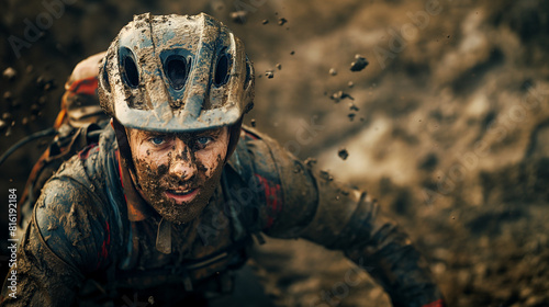 A biker covered in mud after a tough ride, the look of accomplishment and exhaustion telling a story of resilience and adventure. Dynamic and dramatic composition, with copy space photo