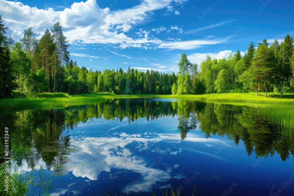 Fototapeta premium Forest With Lake. Tranquil Summer Landscape with Green Reflections