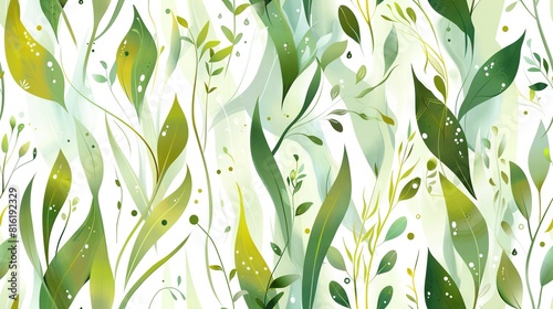   A green and white wallpaper with a plant pattern on one side and leaves on the other